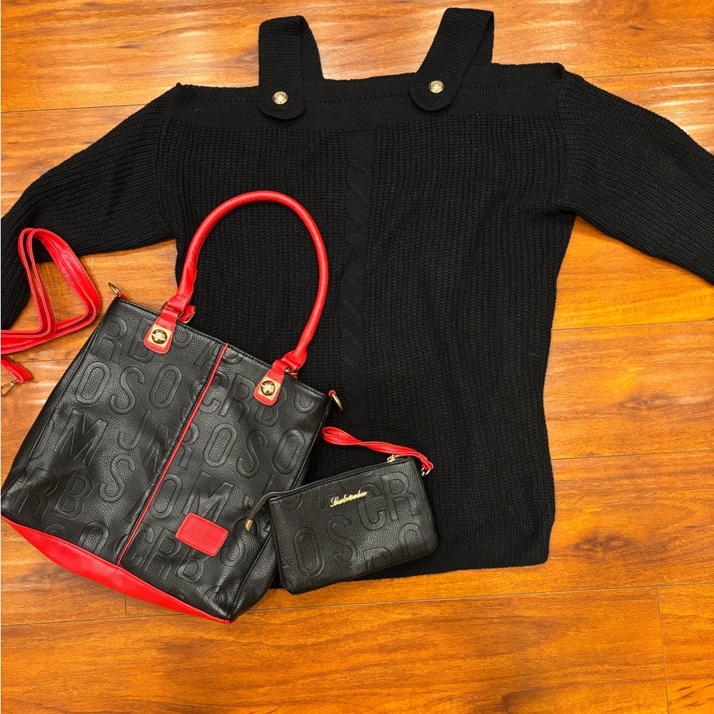 Black Sweater with Red and Black Handbag Set